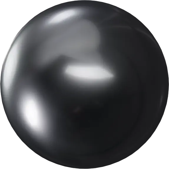 A dark metallic sphere with silver reflections on one side